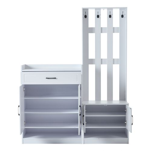 Ensemble Vestiaire 140.6x32x180cm, Banc, Meuble à Chaussures, Crochets, Tiroir, 2 Niches, Pb, Blanc