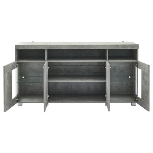 Buffet Bas 140x40x70 Cm, LED , 4 Portes En Verre Trempé, Mdf, Gris Ciment, Design Industriel