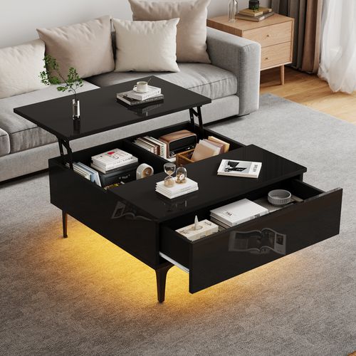 Table Basse Relevable 70x70x35cm, Plateau Réglable 48,5cm, Tiroir, Rangement Caché, LED, Mdf, Noir
