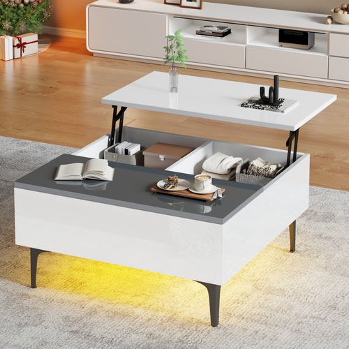 Table Basse 70x70x35 Cm, Plateau Relevable 48,5 Cm, Rangement Double, Mdf, Blanc Et Gris