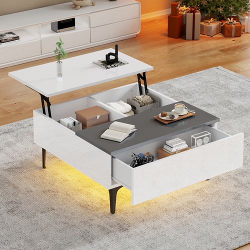 Table Basse 70x70x35 Cm, Plateau Relevable 48,5 Cm, Rangement Double, Mdf, Blanc Et Gris