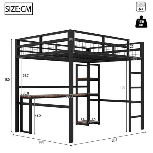 Lit Mezzanine Moderne 140x200 Cm Avec Bureau, Motif Bois, Port USB Et Type-c, Mdf, Métal, Noir