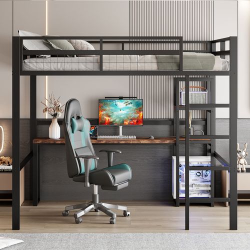 Lit Mezzanine Moderne 140x200 Cm Avec Bureau, Motif Bois, Port USB Et Type-c, Mdf, Métal, Noir