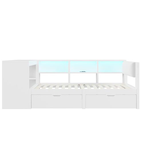 Lit Enfant 90x200 Cm, 2 Tiroirs Spacieux, 5 Niches Latérales, Station De Charge, Mdf, Lin, Blanc