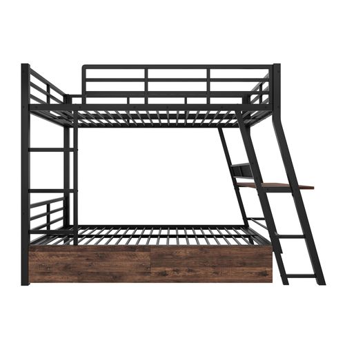 Lit Mezzanine 140x200 Cm, 2 Tiroirs, Bureau,  Escalier Antidérapant, LED, Métal, Mdf, Noir + Brun