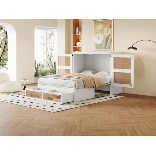 Lit Double 140x200 Cm, Gain De Place Avec 2 Tiroirs Et Ouverture 270 Degrés, Bois, Mdf, Blanc+bois