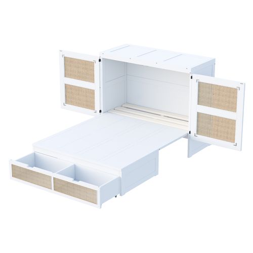 Lit Double 140x200 Cm, Gain De Place Avec 2 Tiroirs Et Ouverture 270 Degrés, Bois, Mdf, Blanc+bois