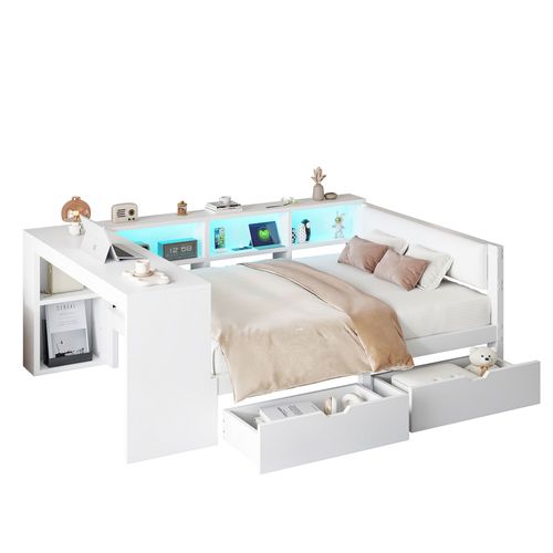 Lit Enfant 140x200 Cm, 2 Tiroirs Et 5 Niches, Station De Charge, Tête De Lit, Lin, Mdf, Blanc