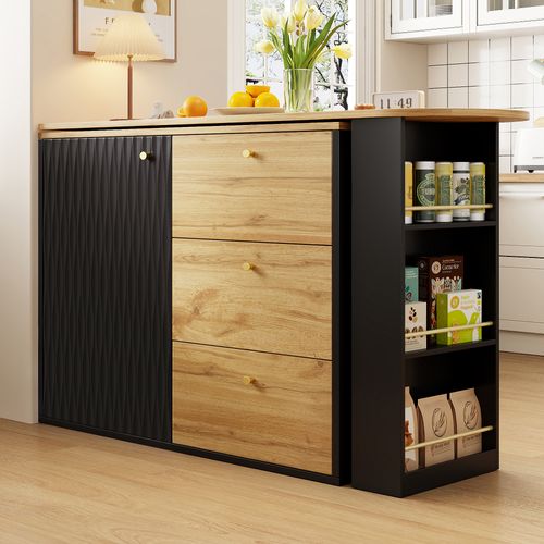 Table De Bar Extensible 138-204x39x104cm, Rotation 360 Degrés, 3 Tiroirs, 1 Porte, Mdf, Noir+bois