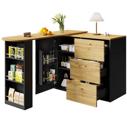 Table De Bar Extensible 138-204x39x104cm, Rotation 360 Degrés, 3 Tiroirs, 1 Porte, Mdf, Noir+bois