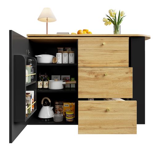 Table De Bar Extensible 138-204x39x104cm, Rotation 360 Degrés, 3 Tiroirs, 1 Porte, Mdf, Noir+bois