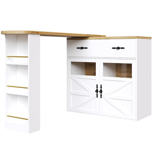 Table De Bar Extensible 138-204x39x104cm, Rotation 360 Degrés, 3 Niches, Tiroir, 2 Porte, Mdf, Blanc