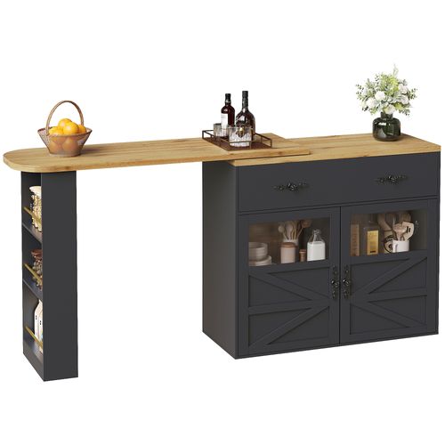 Table De Bar Extensible 138-204x39x104 Cm, Rotation 360 Degrés, 2 Tiroirs, 3 Niches, Mdf, Noir+bois