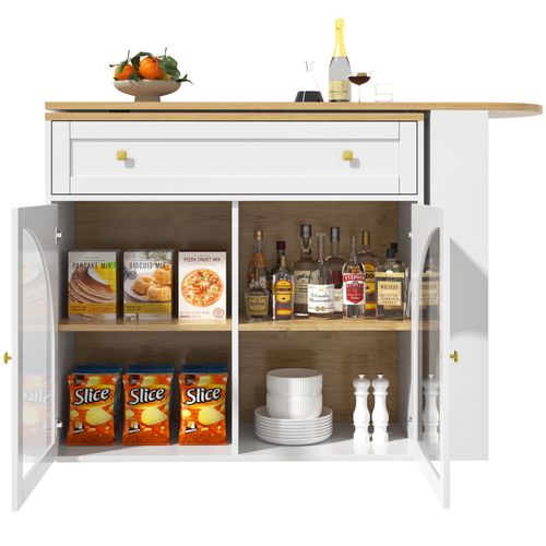 Table De Bar 138-204x39x104 Cm, Plateau Tournant 360 Degrés, Étagères, Portes, Mdf, Blanc+bois