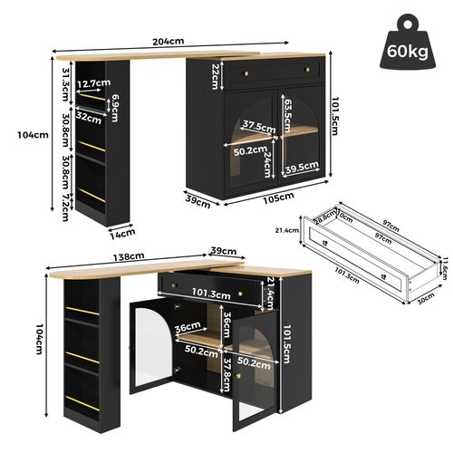 Table De Bar 138-204x39x104 Cm, Rotation 360 Degrés, Étagère, Portes En Verre, Mdf, Noir+bois