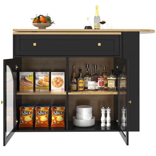 Table De Bar 138-204x39x104 Cm, Rotation 360 Degrés, Étagère, Portes En Verre, Mdf, Noir+bois