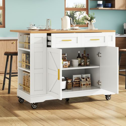 Îlot De Cuisine 120x40/65x90 Cm, Plateau Extensible, 2 Portes, 2 Tiroirs, 6 Niches, Mdf, Blanc