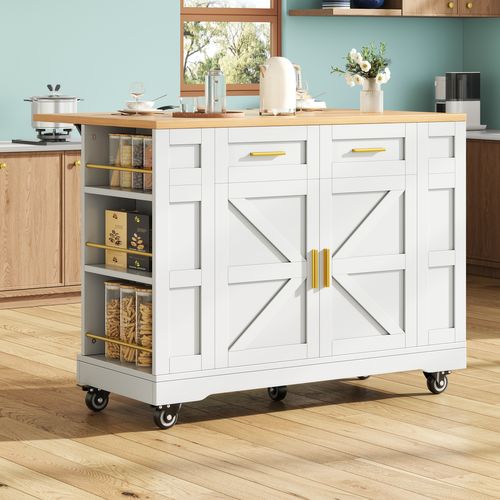 Îlot De Cuisine 120x40/65x90 Cm, Plateau Extensible, 2 Portes, 2 Tiroirs, 6 Niches, Mdf, Blanc