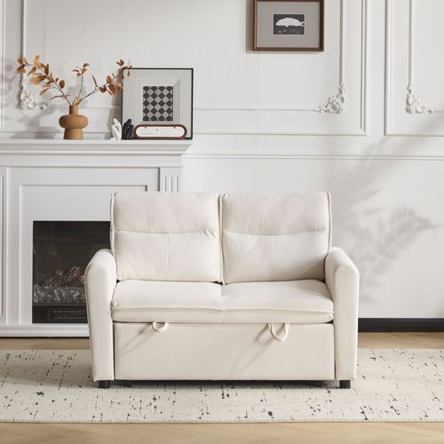 Canapé Convertible 2 Places, 174x100 Cm, Dossier 5 Positions, Velours, Métal, Beige Clair