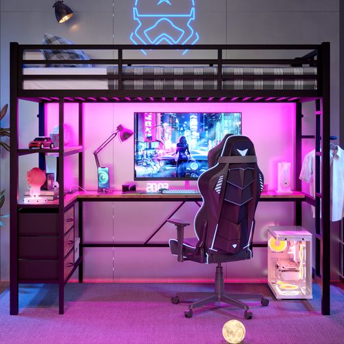 Lit Mezzanine 90x200 Cm Avec Rangement, Lit Simple, LED, Bureau, Port USB, 3 Tiroirs, Métal, Noir