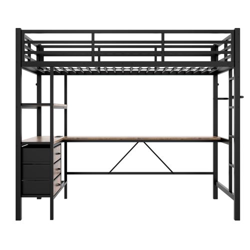 Lit Mezzanine 90x200 Cm Avec Rangement, Lit Simple, LED, Bureau, Port USB, 3 Tiroirs, Métal, Noir
