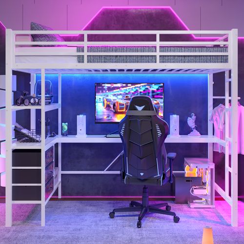 Lit Mezzanine 90x200 Cm Avec LED Et Bureau, Lit Enfant, Port USB, 3 Tiroirs, Métal Et Mdf, Blanc