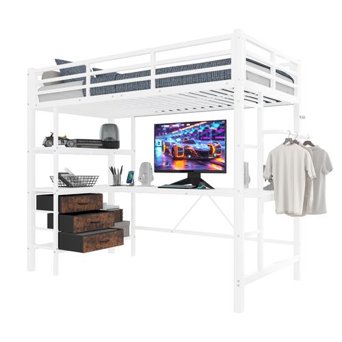 Lit Mezzanine 90x200 Cm Avec LED Et Bureau, Lit Enfant, Port USB, 3 Tiroirs, Métal Et Mdf, Blanc