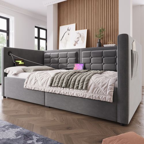 Lit Coffre 90x190 Cm, Sans Tissu En Fond, Canapé-lit Avec Rangement, Port USB, Type-c, Velours Gris