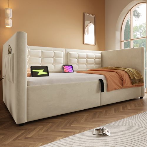 Lit Coffre Simple 90x200 Cm Avec Rangement, Sans Tissu En Fond, Port USB Et Type-c, Velours Beige