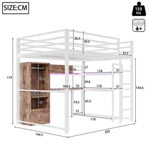 Lit Mezzanine 140x200 Cm, Bureau, 1 Tiroir, 2 Niches, LED Multicolore, Métal Et Mdf, Blanc+brun