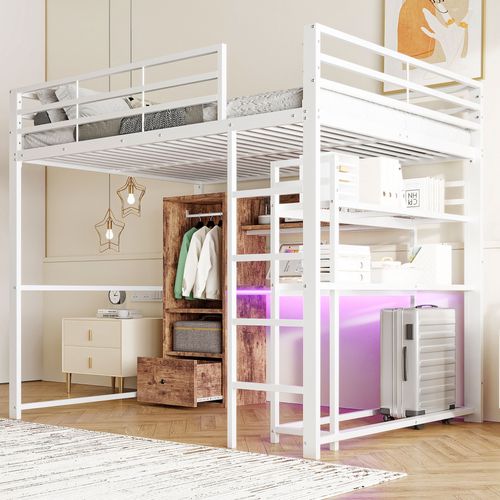 Lit Mezzanine 140x200 Cm, Bureau, 1 Tiroir, 2 Niches, LED Multicolore, Métal Et Mdf, Blanc+brun