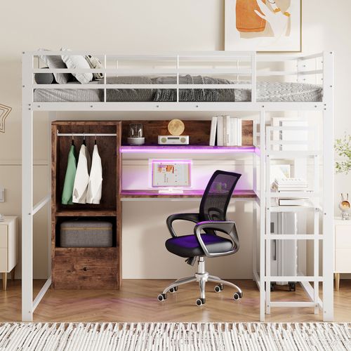 Lit Mezzanine 140x200 Cm, Bureau, 1 Tiroir, 2 Niches, LED Multicolore, Métal Et Mdf, Blanc+brun