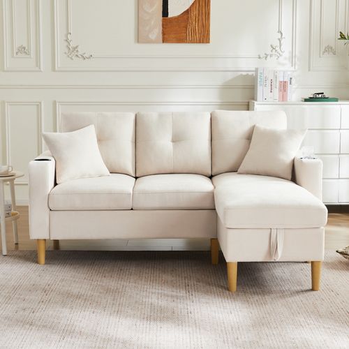 Canapé D'angle 175x129x90 Cm, Chaiselongue Réversible, Rangement, Porte-gobelets, Coton-lin, Beige