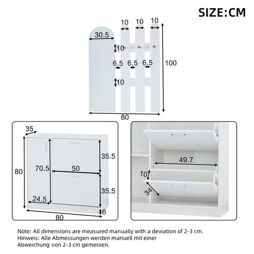 Ensemble D'entrée 3 Pièces 80x35x180 Cm, Meuble à Chaussures à Abattant, Miroir 80x100cm, Mdf, Blanc