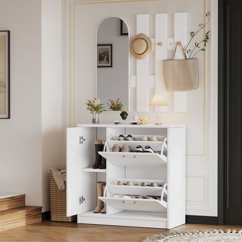 Ensemble D'entrée 3 Pièces 80x35x180 Cm, Meuble à Chaussures à Abattant, Miroir 80x100cm, Mdf, Blanc