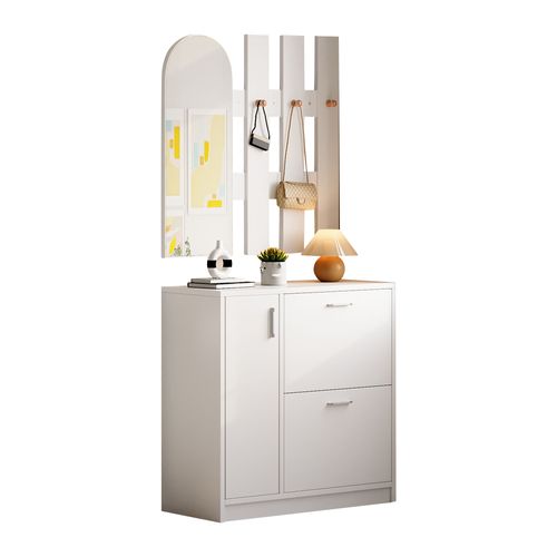 Ensemble D'entrée 3 Pièces 80x35x180 Cm, Meuble à Chaussures à Abattant, Miroir 80x100cm, Mdf, Blanc