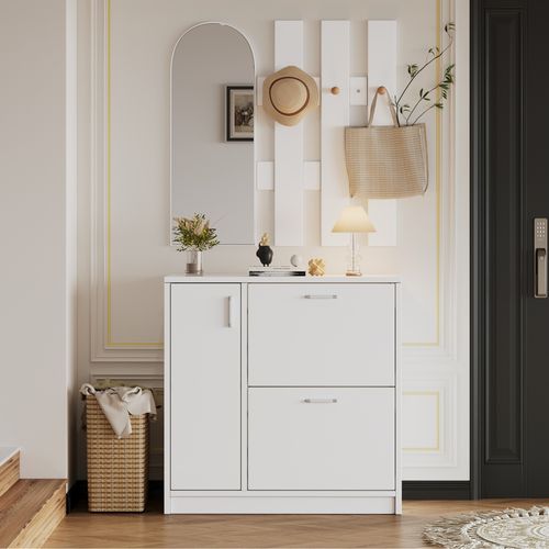 Ensemble D'entrée 3 Pièces 80x35x180 Cm, Meuble à Chaussures à Abattant, Miroir 80x100cm, Mdf, Blanc