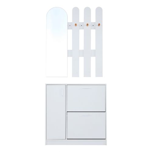 Ensemble D'entrée 3 Pièces 80x35x180 Cm, Meuble à Chaussures à Abattant, Miroir 80x100cm, Mdf, Blanc