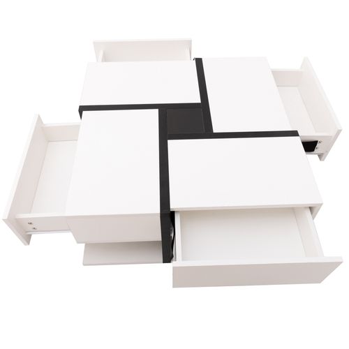 Table Basse Carrée 78x78x36 Cm, 4 Tiroirs, Brillant En Panneaux De Particules, Blanc Et Noir