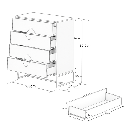 Commode 4 Tiroirs Spacieux 80x40x95.5 Cm, Mdf, Couleur Blanc, Poignées Carrées Bois