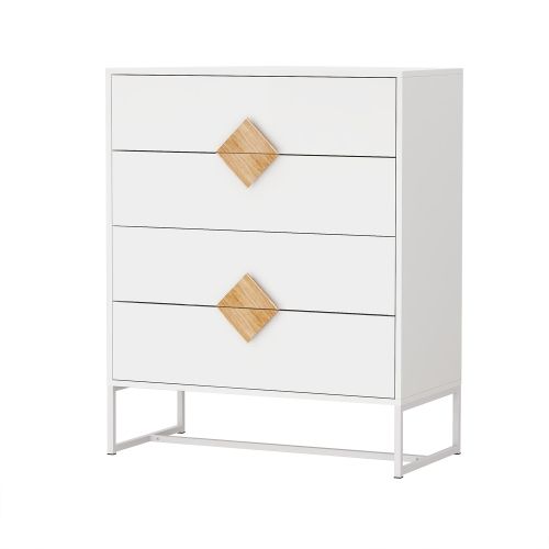 Commode 4 Tiroirs Spacieux 80x40x95.5 Cm, Mdf, Couleur Blanc, Poignées Carrées Bois