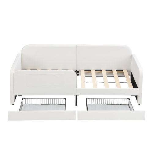 Lit Enfant 90x200 Cm, 2 Tiroirs à Roulettes, 3 Poches Latérales, Velours, Mdf, Métal, Blanc
