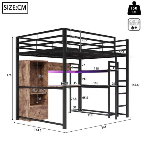 Lit Mezzanine 140x200 Cm, Tiroir, Bureau Spacieux, LED, Rangements Ouverts, Métal Et Mdf, Noir