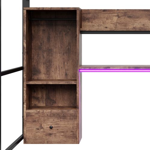 Lit Mezzanine 140x200 Cm, Tiroir, Bureau Spacieux, LED, Rangements Ouverts, Métal Et Mdf, Noir