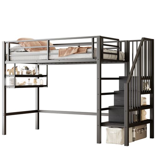 Lit Mezzanine Moderne 90x200 Cm, Lit Enfant Simple, Escalier De Rangement, Métal Et Mdf, Noir