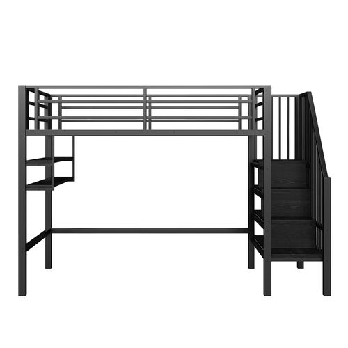 Lit Mezzanine Moderne 90x200 Cm, Lit Enfant Simple, Escalier De Rangement, Métal Et Mdf, Noir