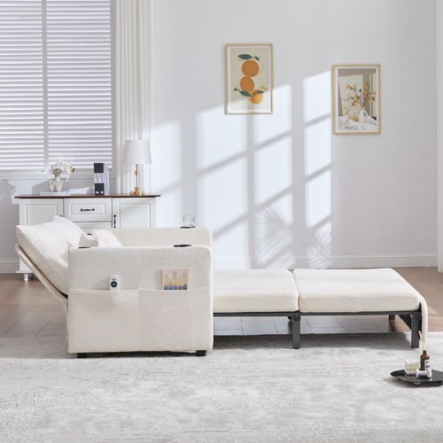 Canapé Convertible 139x73/200x83 Cm, Poches Latérales, Dossier Doux, Tissu Chenille, Beige