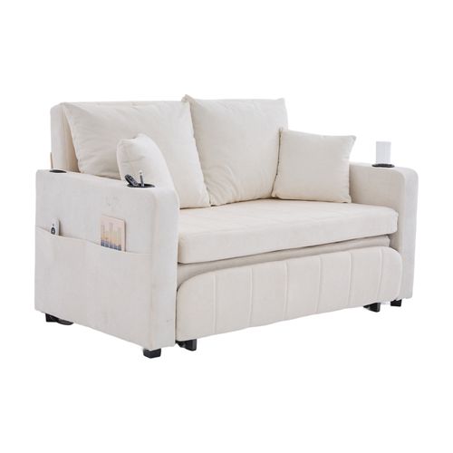 Canapé Convertible 139x73/200x83 Cm, Poches Latérales, Dossier Doux, Tissu Chenille, Beige