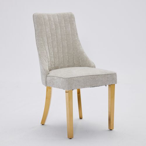 Lot De 2 Chaise 64x50x95,5 Cm, Dossier Haut, Structure Triple Élastique, Chenille Beige, Pieds Doré