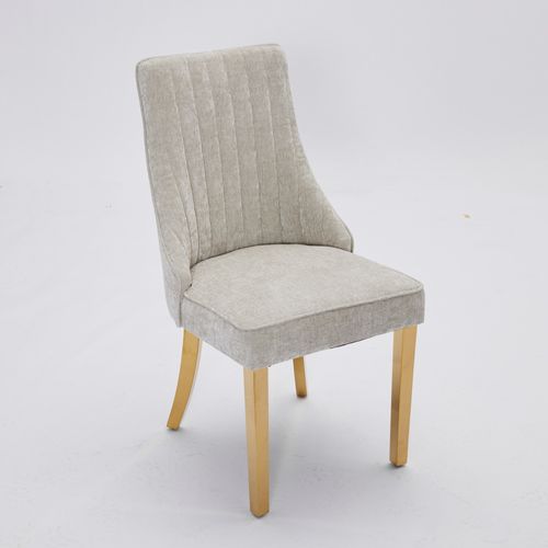 Lot De 2 Chaise 64x50x95,5 Cm, Dossier Haut, Structure Triple Élastique, Chenille Beige, Pieds Doré